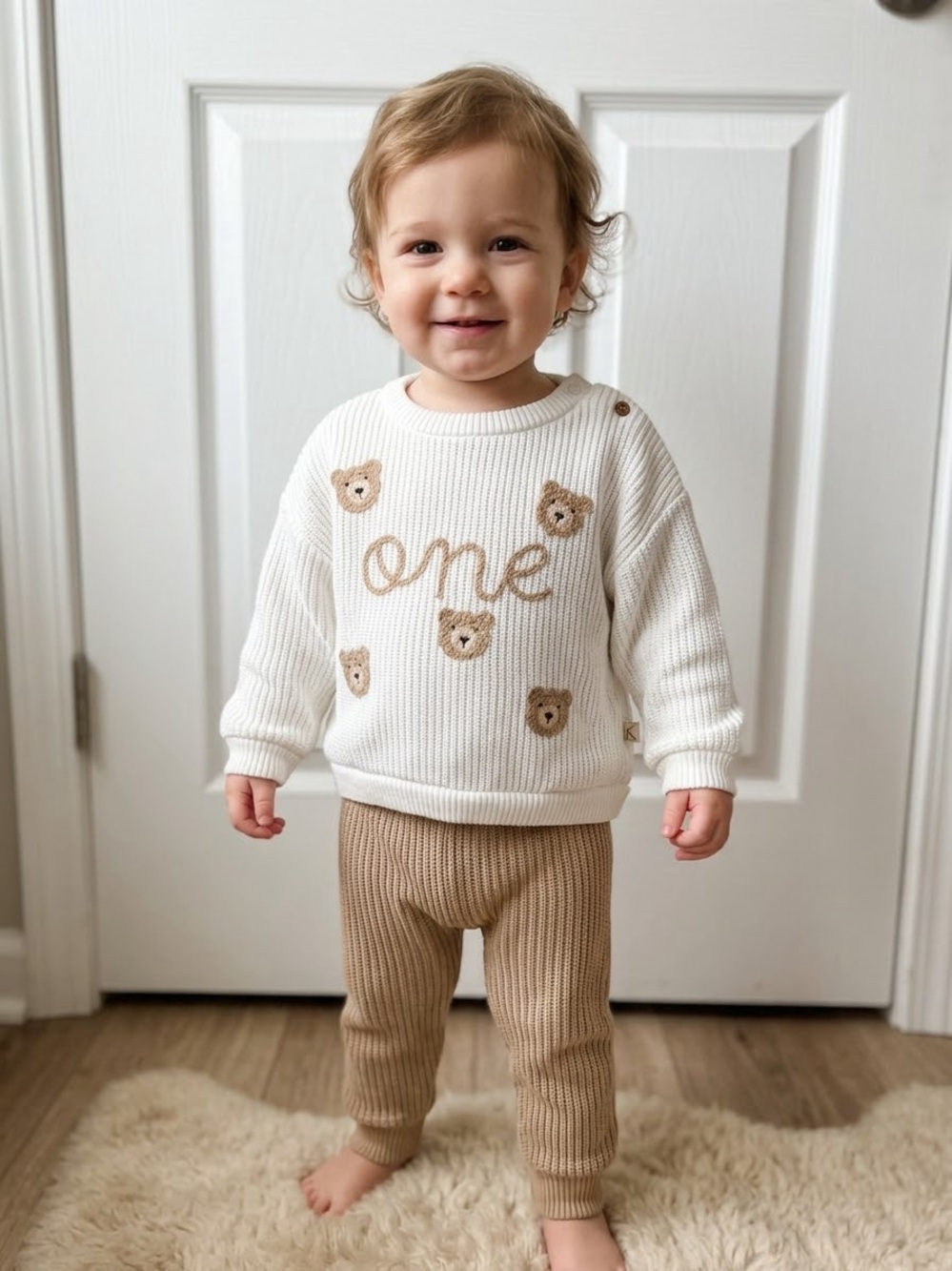 🎉 (18m) Snug Gender Neutral “ONE” Teddy Bear Knit Sweater + Pants Set
